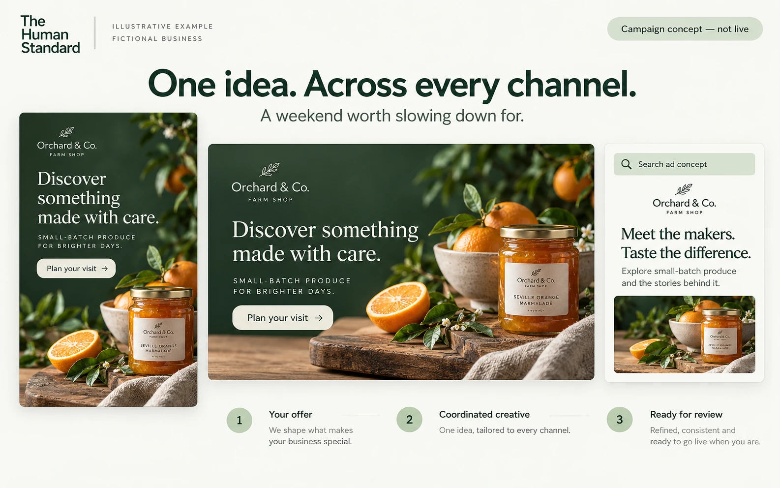 Fictional Orchard and Co campaign concept across social, display and search advertising.