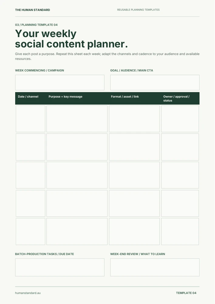 Preview of the weekly social content planner, one of twelve fillable planning worksheets