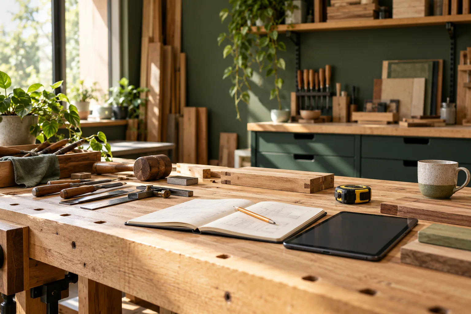 Tools, materials and a notebook in a small business workshop